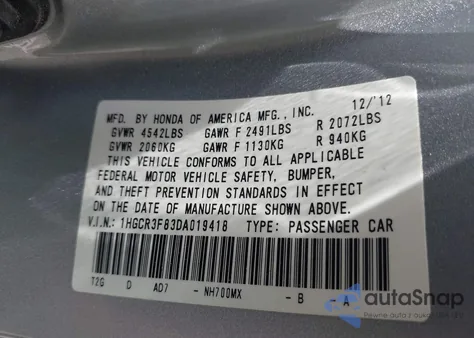 2013 Honda Accord Ex-L V-6 z USA, uszkodzony, nr VIN 1HGCR3F83DA019418
